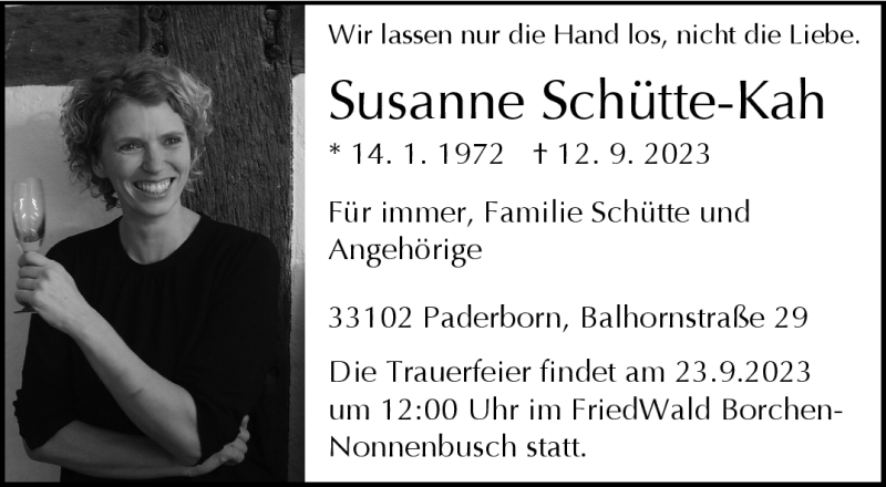  Traueranzeige für Susanne Schütte-Kah vom 16.09.2023 aus Westfalen Blatt