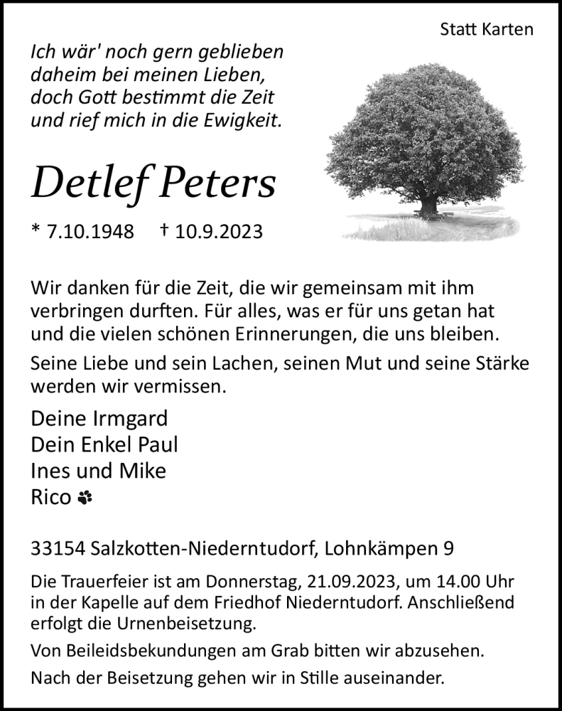  Traueranzeige für Detlef Peters vom 16.09.2023 aus Westfalen Blatt