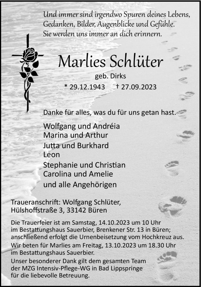  Traueranzeige für Marlies Schlüter vom 30.09.2023 aus Westfalen Blatt