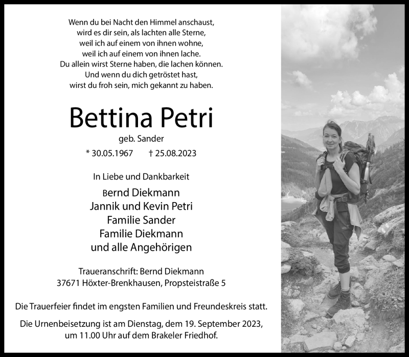  Traueranzeige für Bettina Petri vom 13.09.2023 aus Westfalen Blatt
