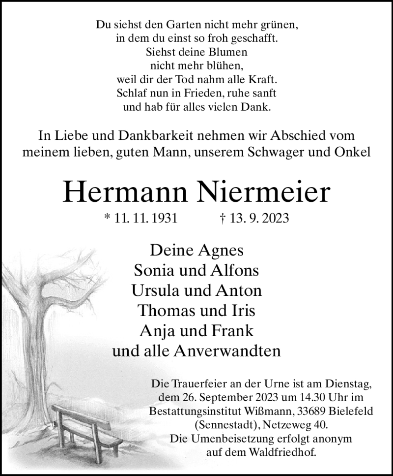  Traueranzeige für Hermann Niermeier vom 16.09.2023 aus Westfalen Blatt