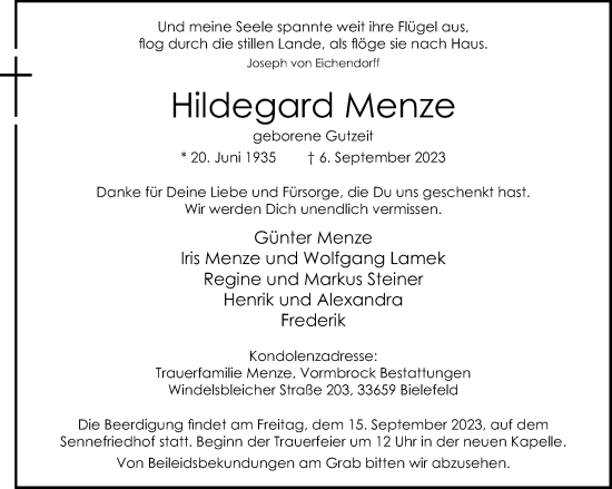 Traueranzeige von Hildegard Menze 