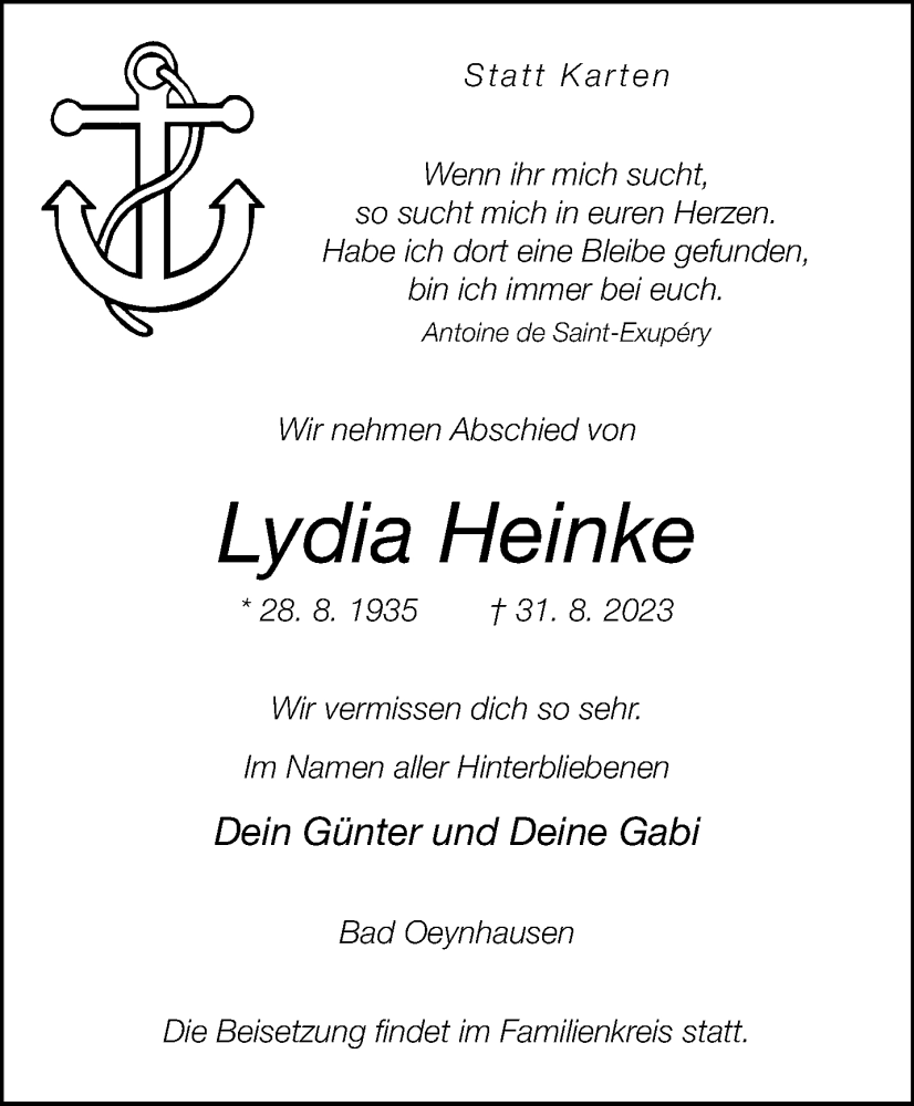  Traueranzeige für Lydia Heinke vom 09.09.2023 aus 