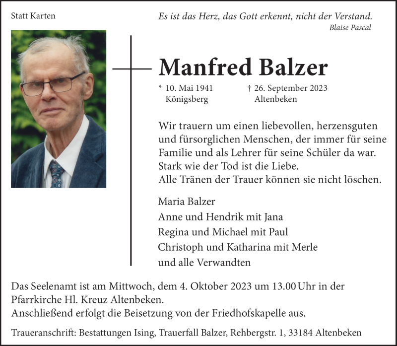  Traueranzeige für Manfred Balzer vom 30.09.2023 aus Westfalen Blatt