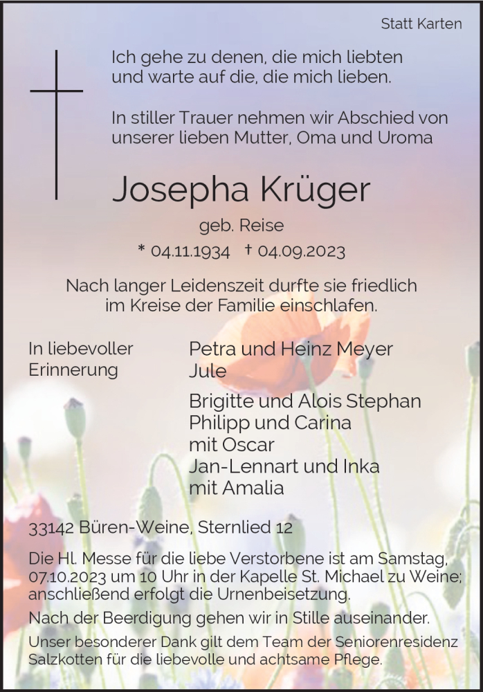  Traueranzeige für Josepha Krüger vom 16.09.2023 aus Westfalen Blatt