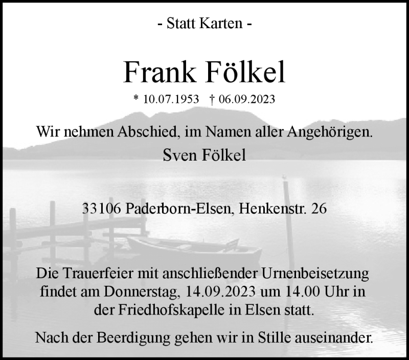  Traueranzeige für Frank Fölkel vom 12.09.2023 aus Westfalen Blatt