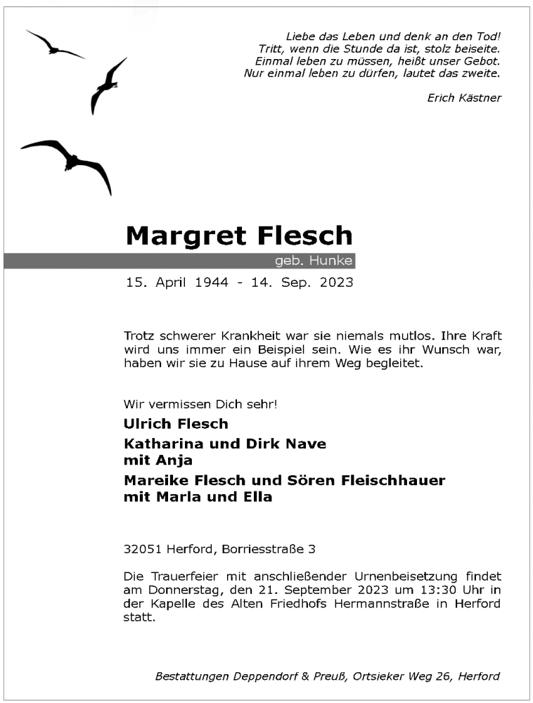  Traueranzeige für Margret Flesch vom 16.09.2023 aus Westfalen Blatt