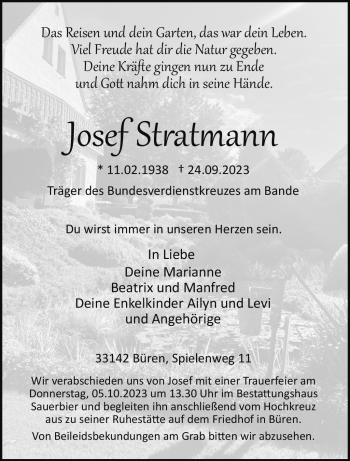 Traueranzeige von Josef Stratmann von Westfalen Blatt