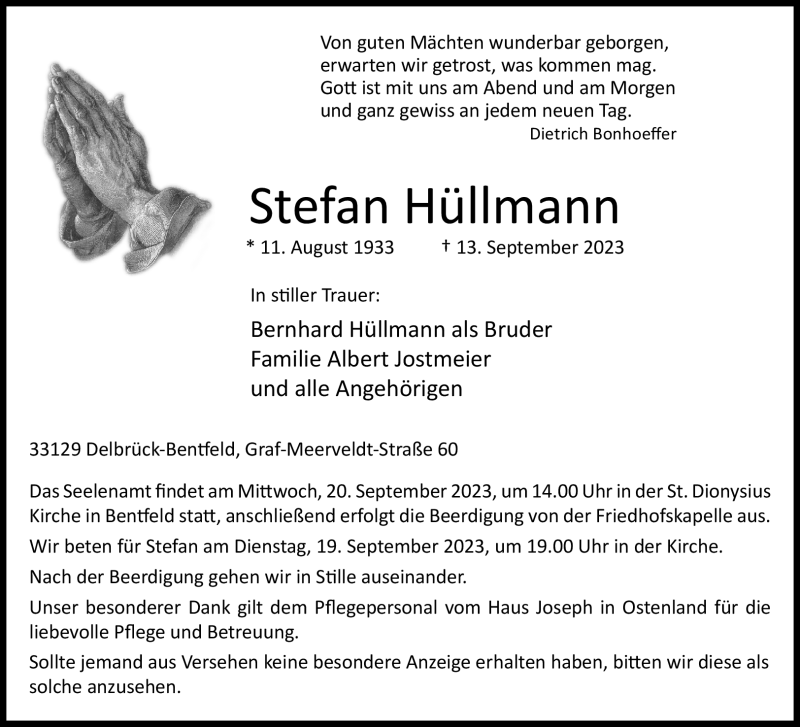  Traueranzeige für Stefan Hüllmann vom 16.09.2023 aus Westfalen Blatt