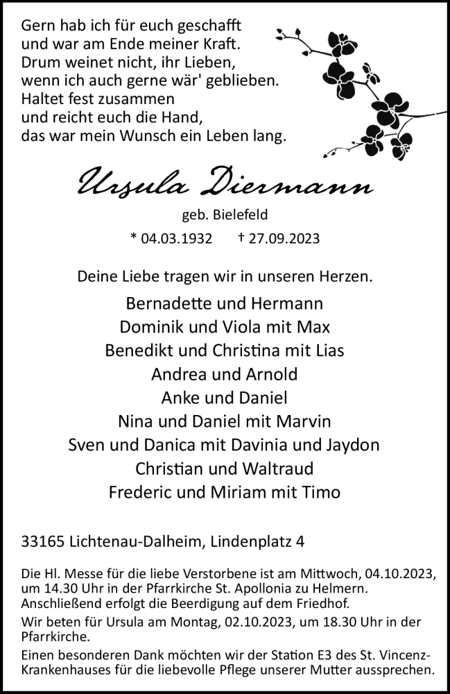  Traueranzeige für Ursula Diermann vom 30.09.2023 aus Westfalen Blatt