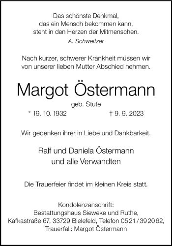 Traueranzeige von Margot Östermann von Westfalen Blatt