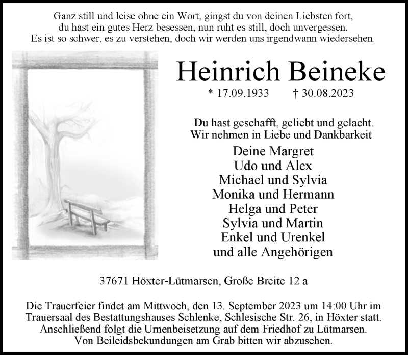  Traueranzeige für Heinrich Beineke vom 09.09.2023 aus Westfalen Blatt