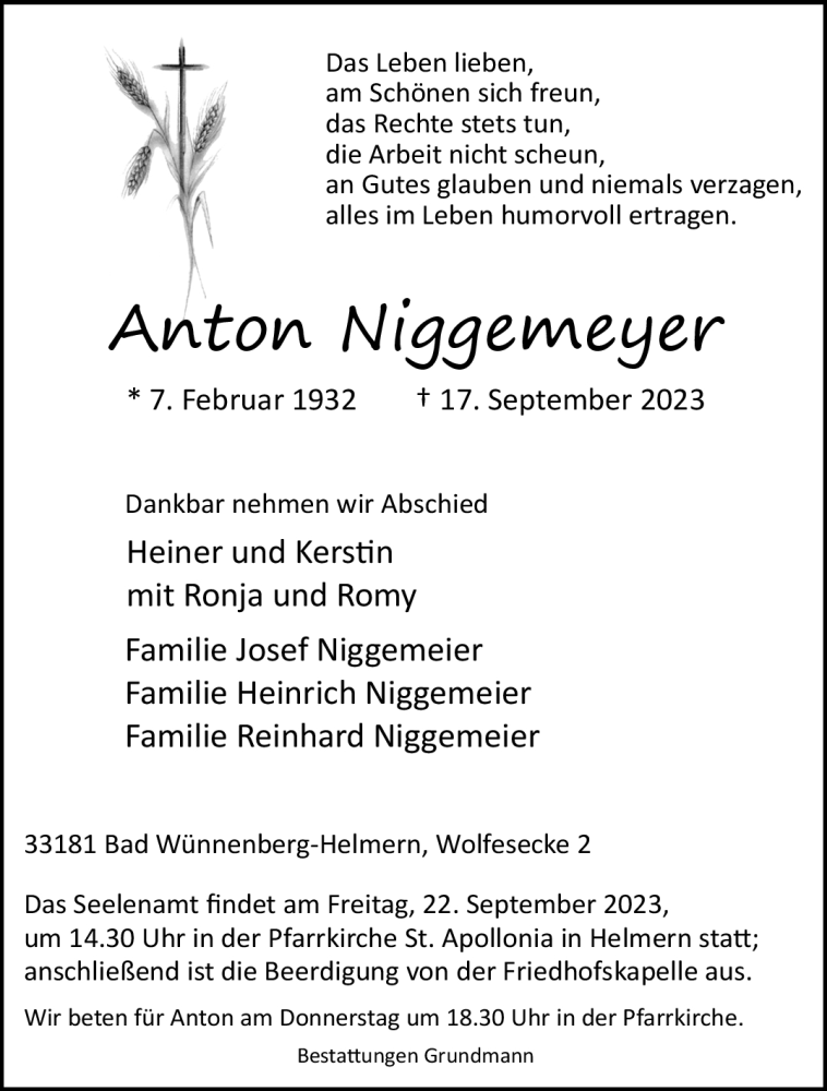  Traueranzeige für Anton Niggemeyer vom 20.09.2023 aus Westfalen Blatt
