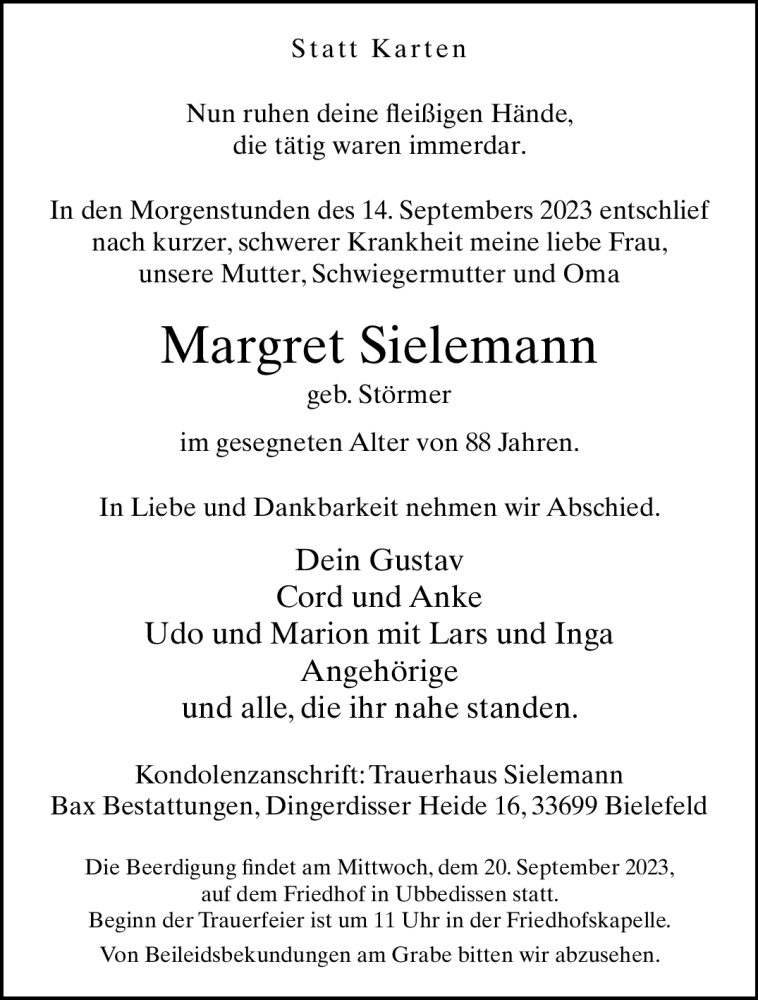  Traueranzeige für Margret Sielemann vom 19.09.2023 aus Westfalen Blatt