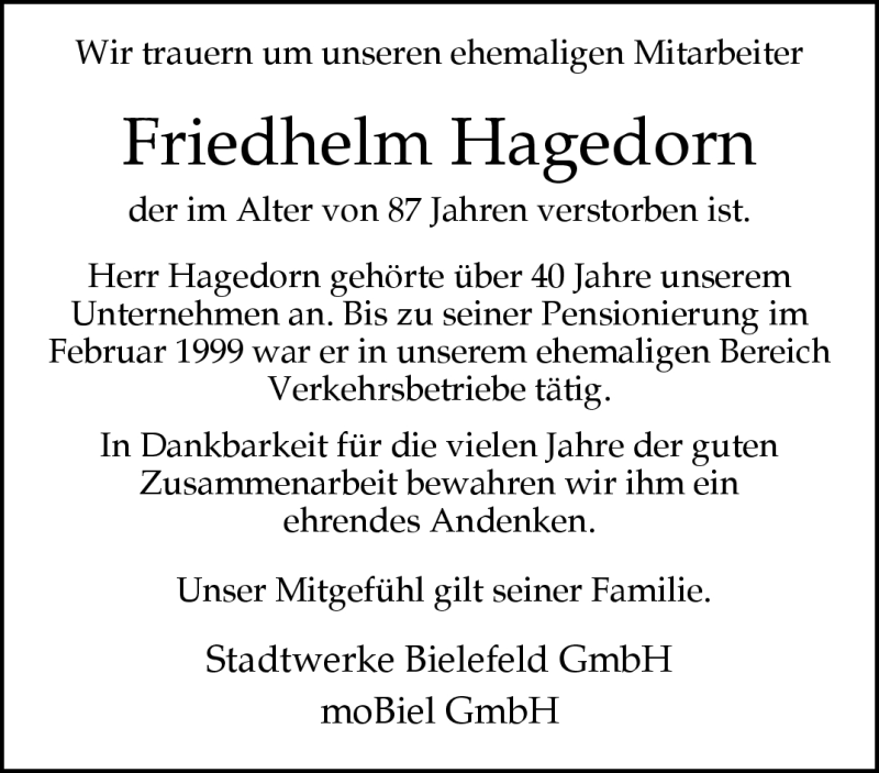  Traueranzeige für Friedhelm Hagedorn vom 19.09.2023 aus Westfalen Blatt