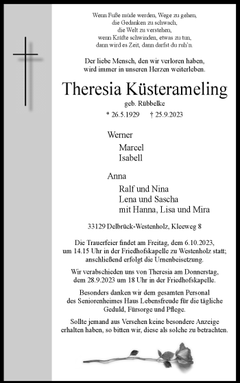 Traueranzeige von Theresia Küsterameling von Westfalen Blatt