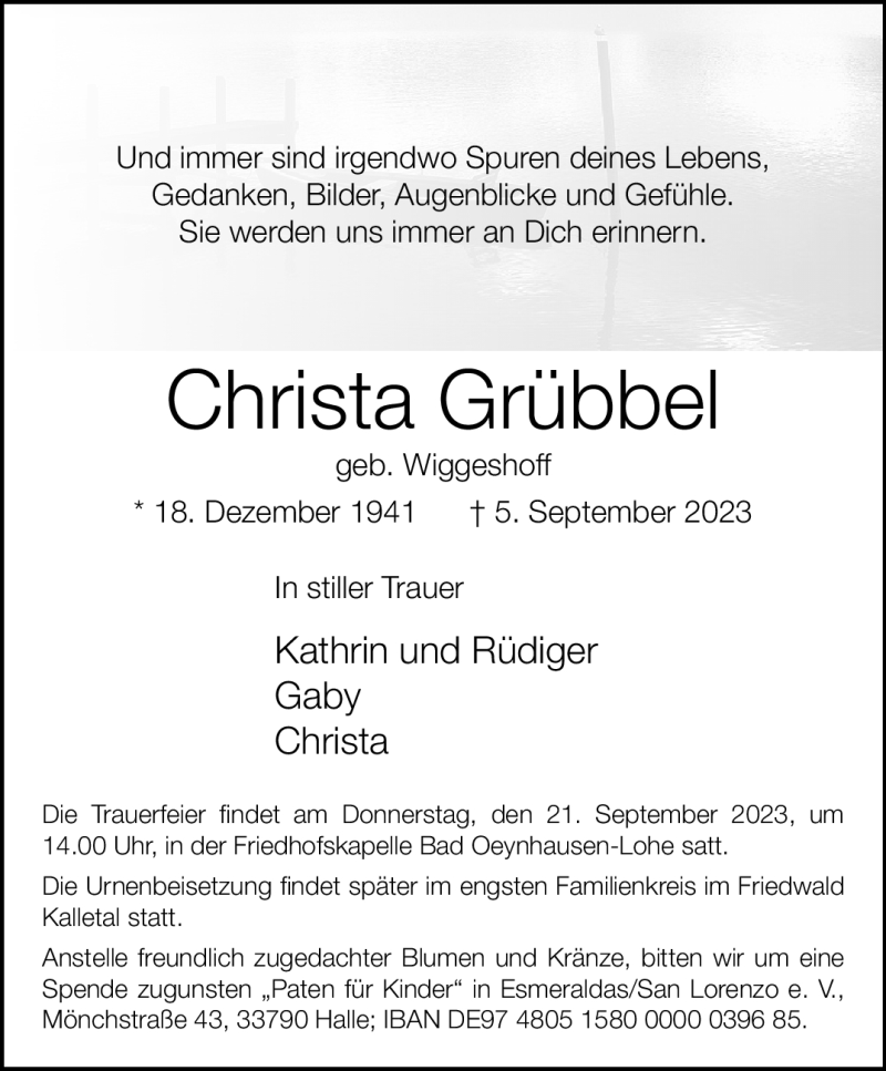  Traueranzeige für Christa Grübbel vom 16.09.2023 aus Westfalen Blatt