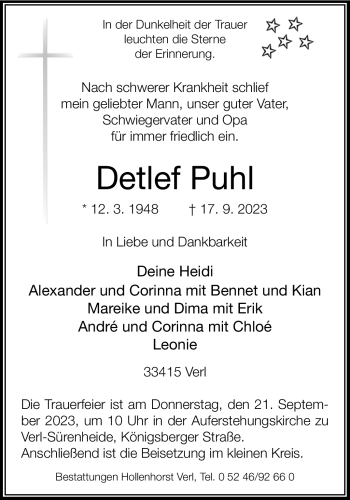 Traueranzeige von Detlef Puhl von Westfalen Blatt