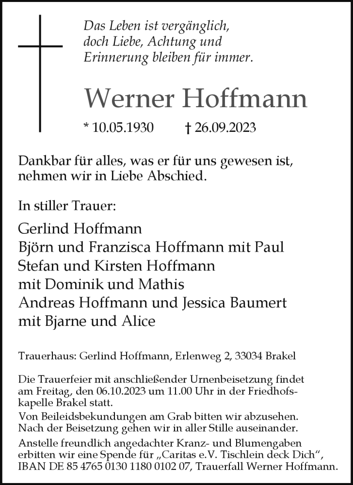  Traueranzeige für Werner Hoffmann vom 30.09.2023 aus Westfalen Blatt