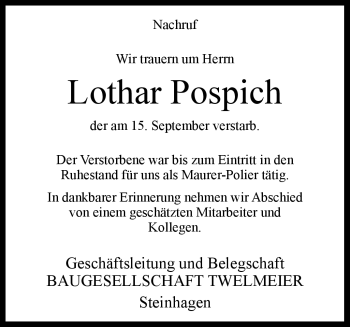 Traueranzeige von Lothar Pospich von Westfalen Blatt