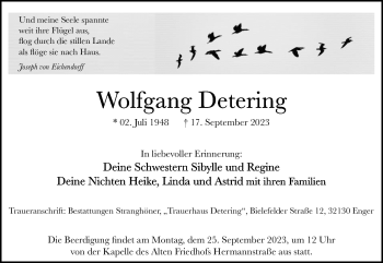 Traueranzeige von Wolfgang Detering von Westfalen Blatt
