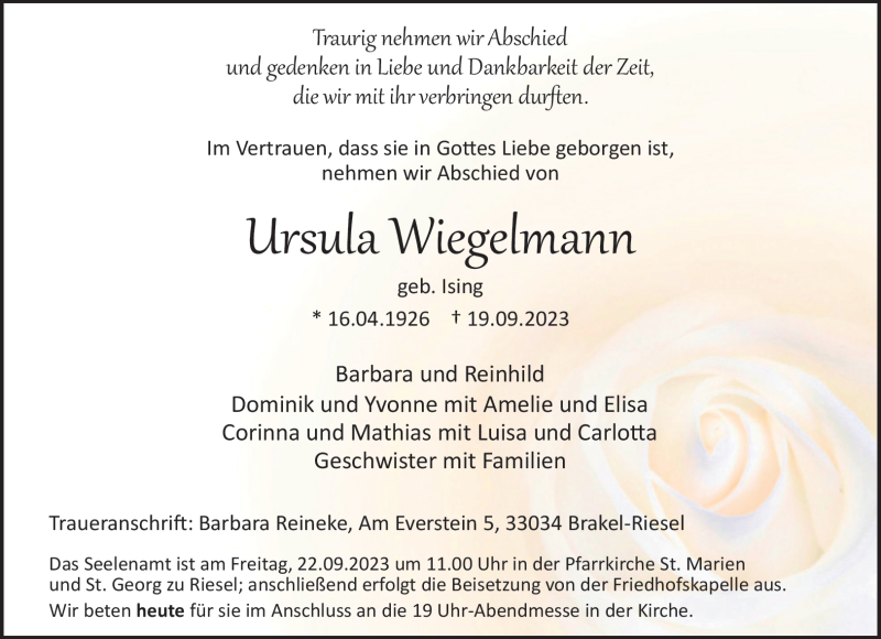  Traueranzeige für Ursula Wiegelmann vom 21.09.2023 aus Westfalen Blatt