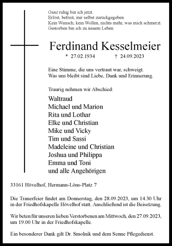 Traueranzeige von Ferdinand Kesselmeier von Westfalen Blatt