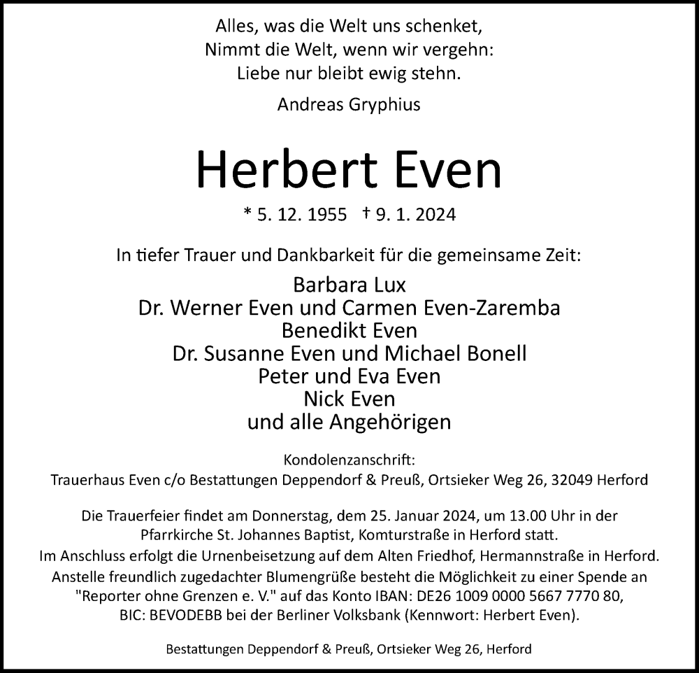  Traueranzeige für Herbert Even vom 13.01.2024 aus Westfalen Blatt