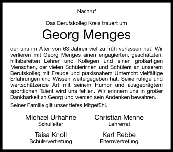 Traueranzeige von Georg Menges von Westfalen Blatt