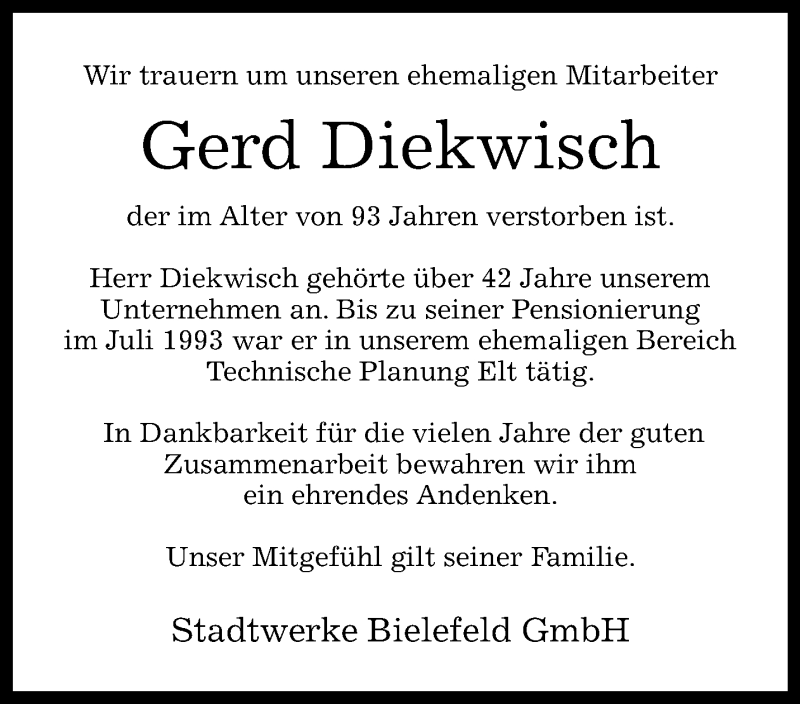  Traueranzeige für Gerd Diekwisch vom 22.01.2024 aus Westfalen Blatt