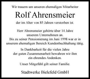 Traueranzeige von Rolf Ahrensmeier von Westfalen Blatt