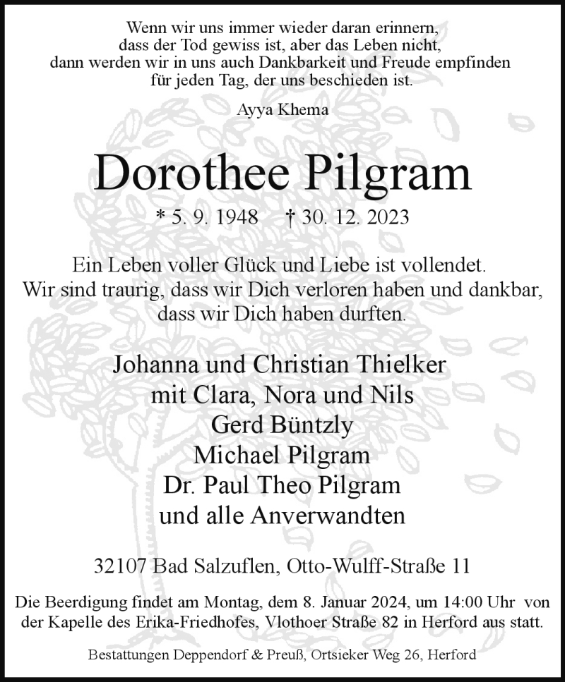  Traueranzeige für Dorothee Pilgram vom 04.01.2024 aus Westfalen Blatt