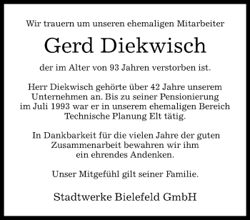 Traueranzeige von Gerd Diekwisch von Westfalen Blatt