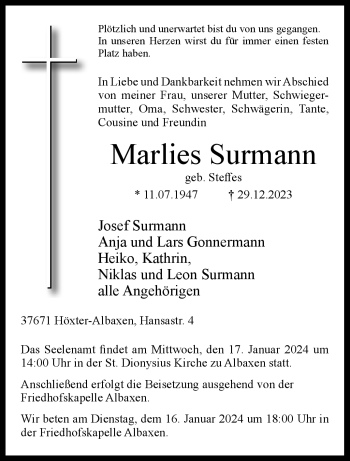 Traueranzeige von Marlies Surmann von Westfalen Blatt