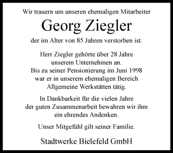 Traueranzeige von Georg Ziegler von Westfalen Blatt