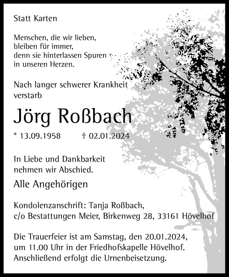  Traueranzeige für Jörg Roßbach vom 13.01.2024 aus Westfalen Blatt