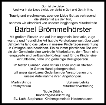 Traueranzeige von Bärbel Brömmelhörster von Westfalen Blatt
