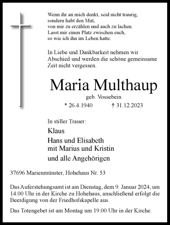 Traueranzeige von Maria Multhaup von Westfalen Blatt