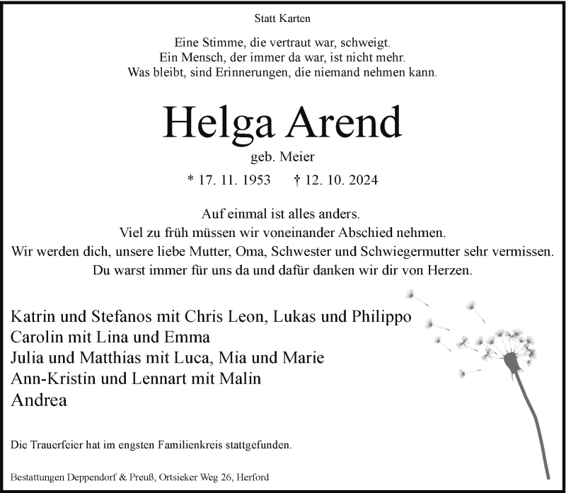  Traueranzeige für Helga Arend vom 19.10.2024 aus Westfalen Blatt