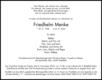 Traueranzeige von Friedhelm Menke von Westfalen Blatt