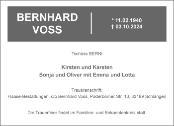 Traueranzeige von Bernhard Voss von Westfalen Blatt