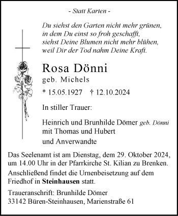 Traueranzeige von Rosa Dönni von Westfalen Blatt