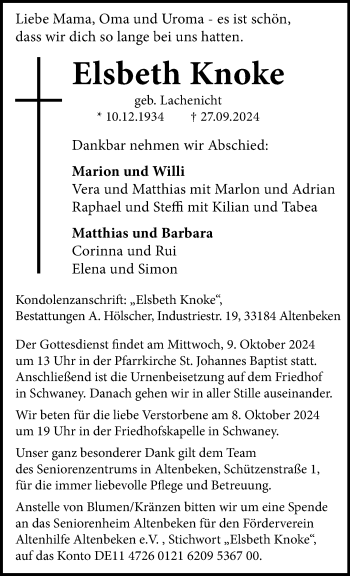 Traueranzeige von Elsbeth Knoke von Westfalen Blatt
