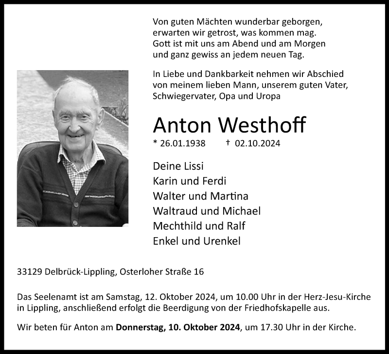  Traueranzeige für Anton Westhoff vom 05.10.2024 aus Westfalen Blatt