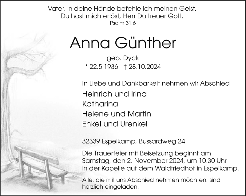  Traueranzeige für Anna Günther vom 30.10.2024 aus Westfalen Blatt