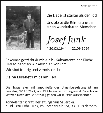 Traueranzeige von Josef Junk von Westfalen Blatt