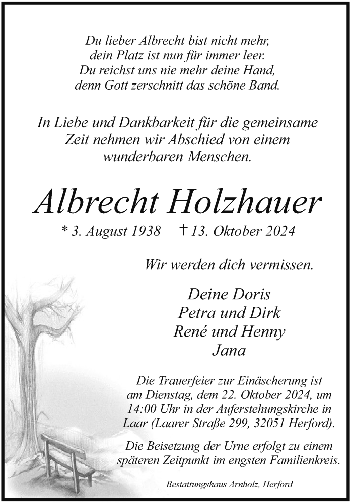  Traueranzeige für Albrecht Holzhauer vom 18.10.2024 aus Westfalen Blatt