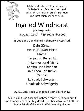 Traueranzeige von Ingried Windhorst von Westfalen Blatt