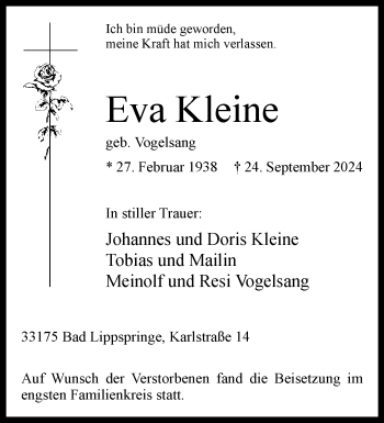 Traueranzeige von Eva Kleine von Westfalen Blatt