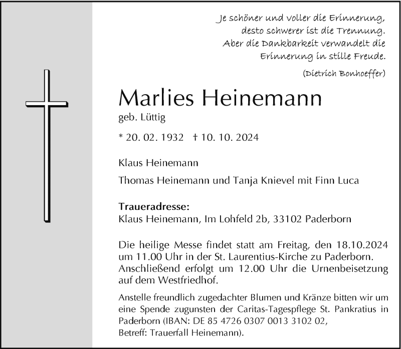  Traueranzeige für Marlies Heinemann vom 12.10.2024 aus Westfalen Blatt